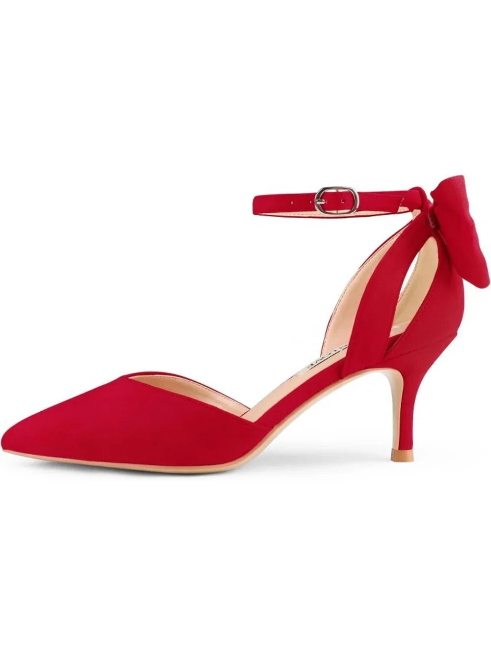 Women's Red Suede Kitten Bow Closed Pointed Toe Sandals Ankle Strap Dress Shoe
